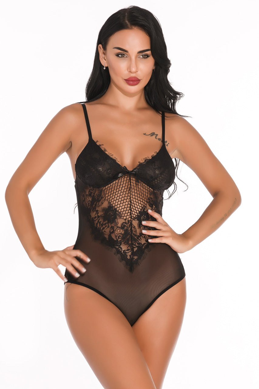 Lace Inset Sheer Teddy - Lingerie Bodysuit for Women