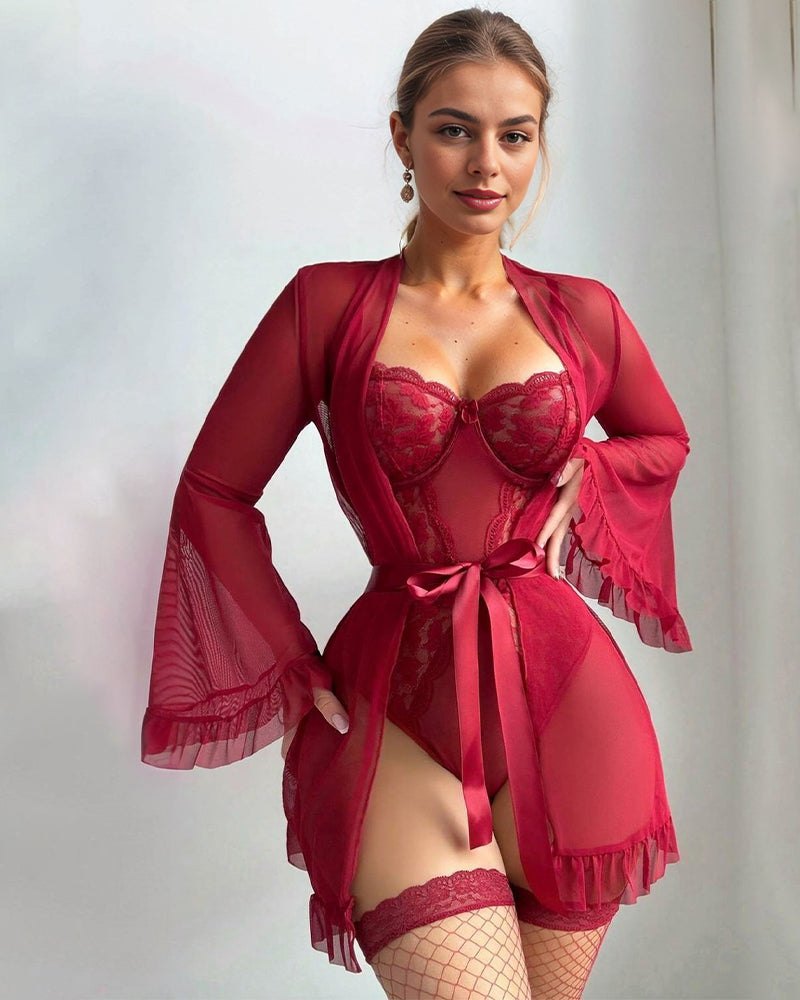 Lace Kimono Robe And Teddy Set - Sexy Lingerie Robe