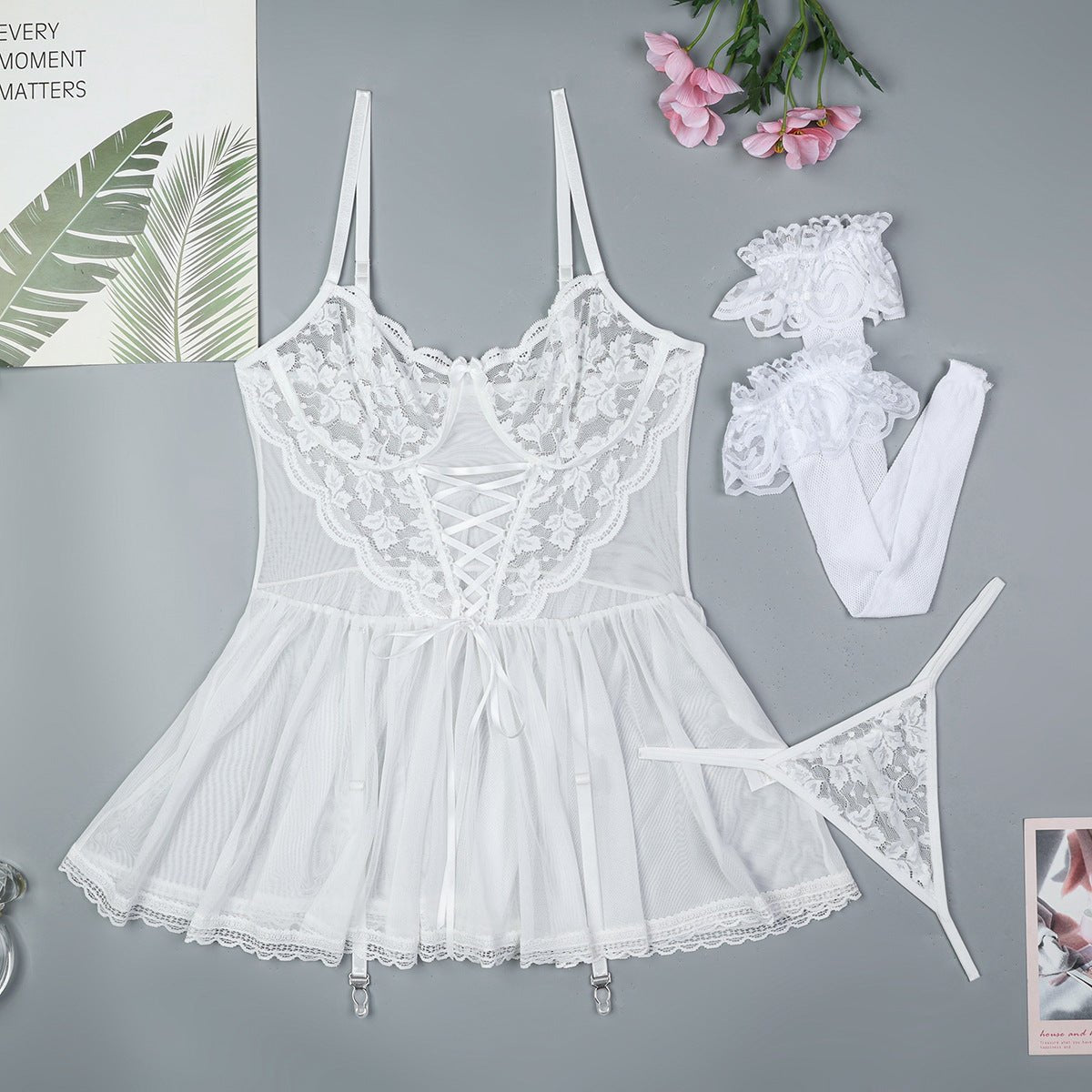 Lace Mesh Cross Strap Dress - Chemise Lingerie