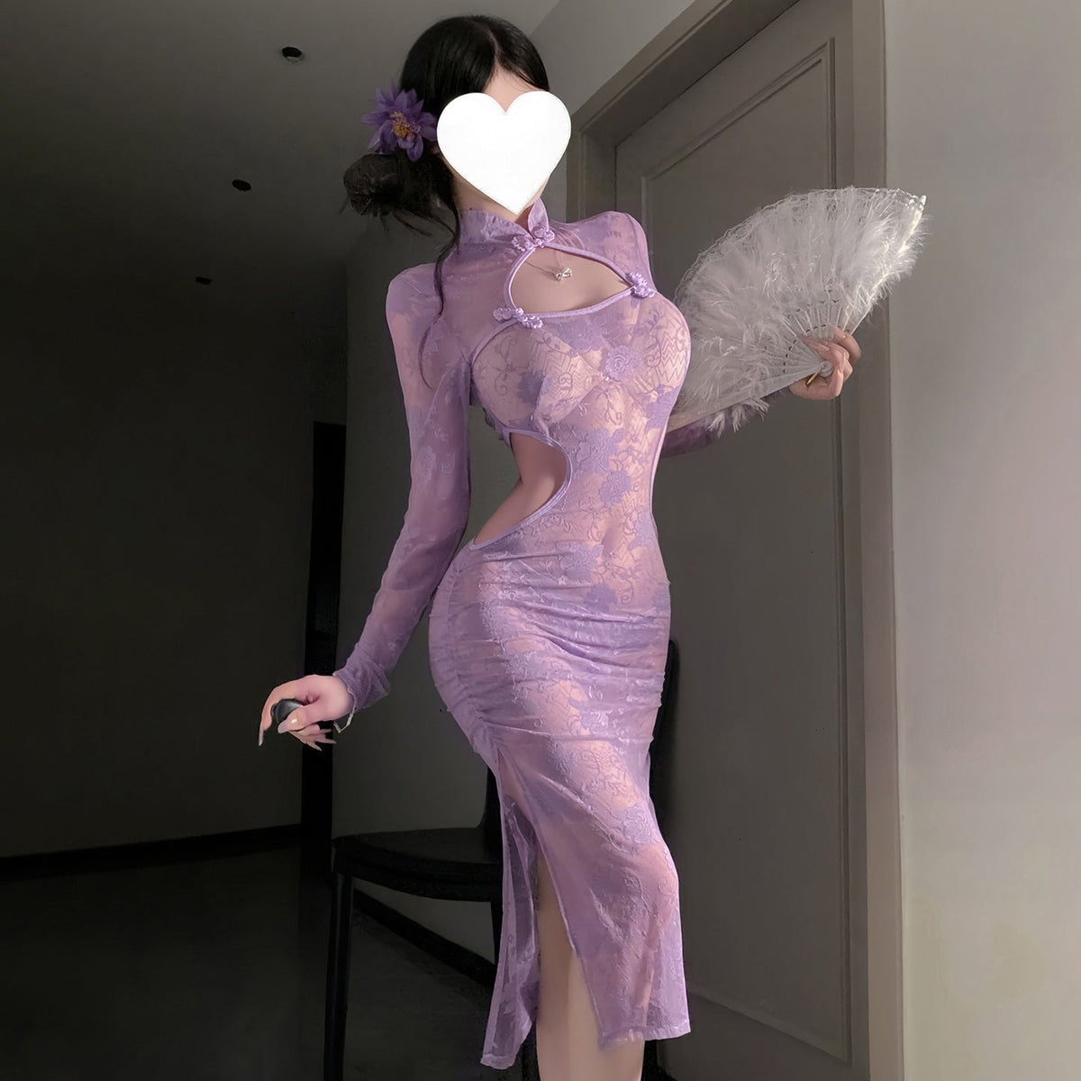 Lace Sheer Cheongsam Suit - Chemise Lingerie