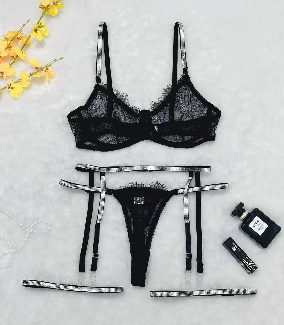 Lace T-Back Garter Four-Piece Set - Garter Lingerie Set