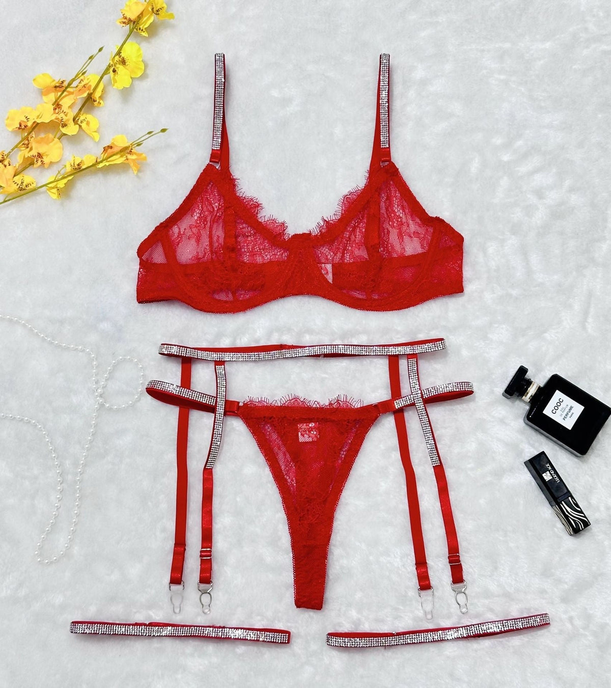 Lace T-Back Garter Four-Piece Set - Garter Lingerie Set