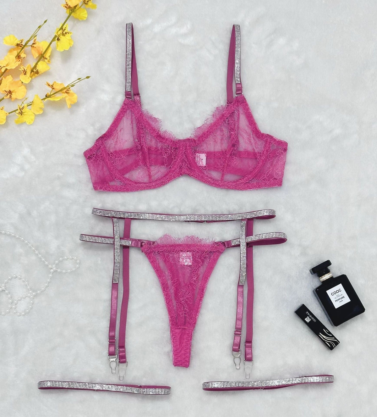 Lace T-Back Garter Four-Piece Set - Garter Lingerie Set