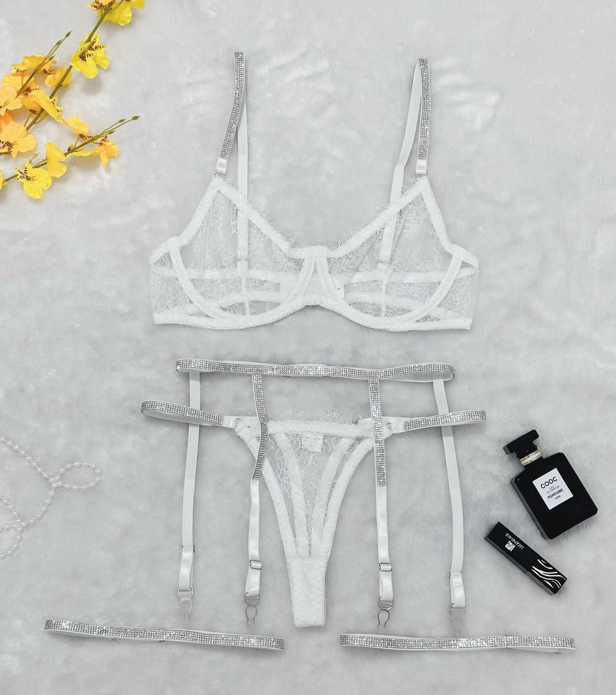 Lace T-Back Garter Four-Piece Set - Garter Lingerie Set