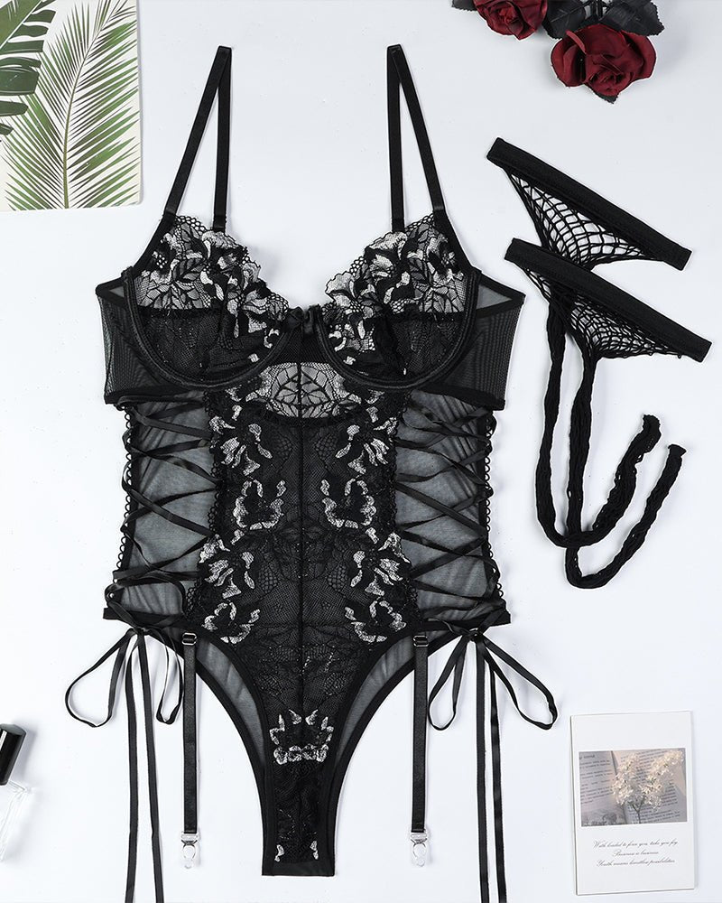 Lace-Up Bodysuit With Stockings - Lingerie Bodysuit for Women