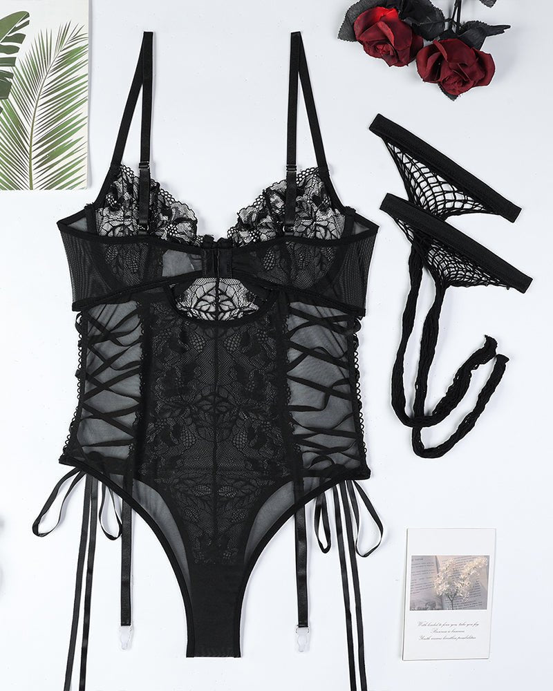 Lace-Up Bodysuit With Stockings - Lingerie Bodysuit for Women