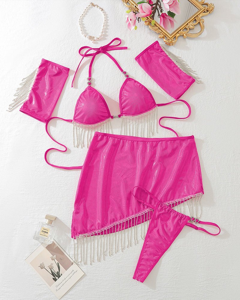 Lace-Up Halter Tassel Bra Set - Lingerie Set for Women