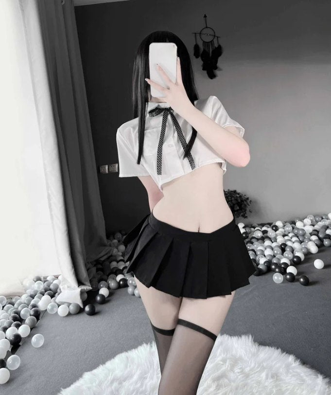 Lapel Bow-Tie Pleated Skirt Set - Sexy Roleplay Costume