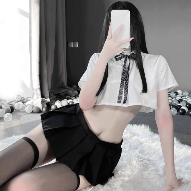 Lapel Bow-Tie Pleated Skirt Set - Sexy Roleplay Costume