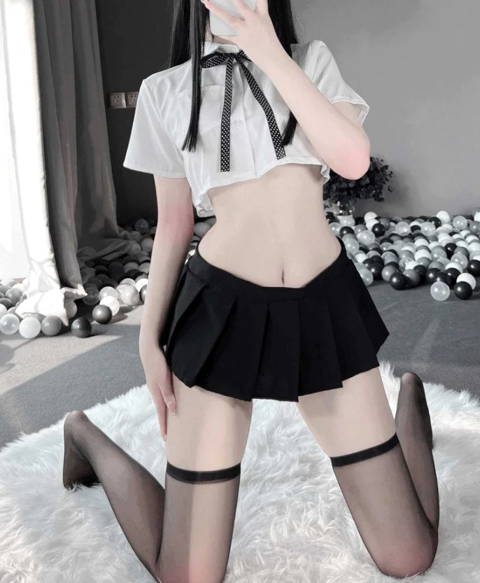 Lapel Bow-Tie Pleated Skirt Set - Sexy Roleplay Costume