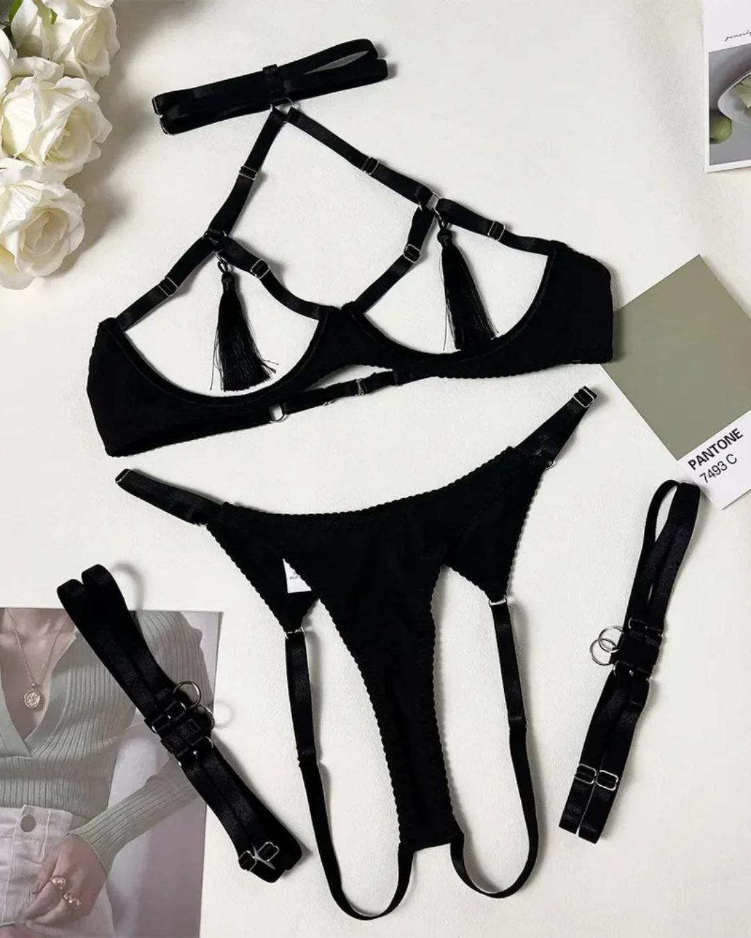 Layla Tassel Strap Set - Black Or Red Lingerie Set