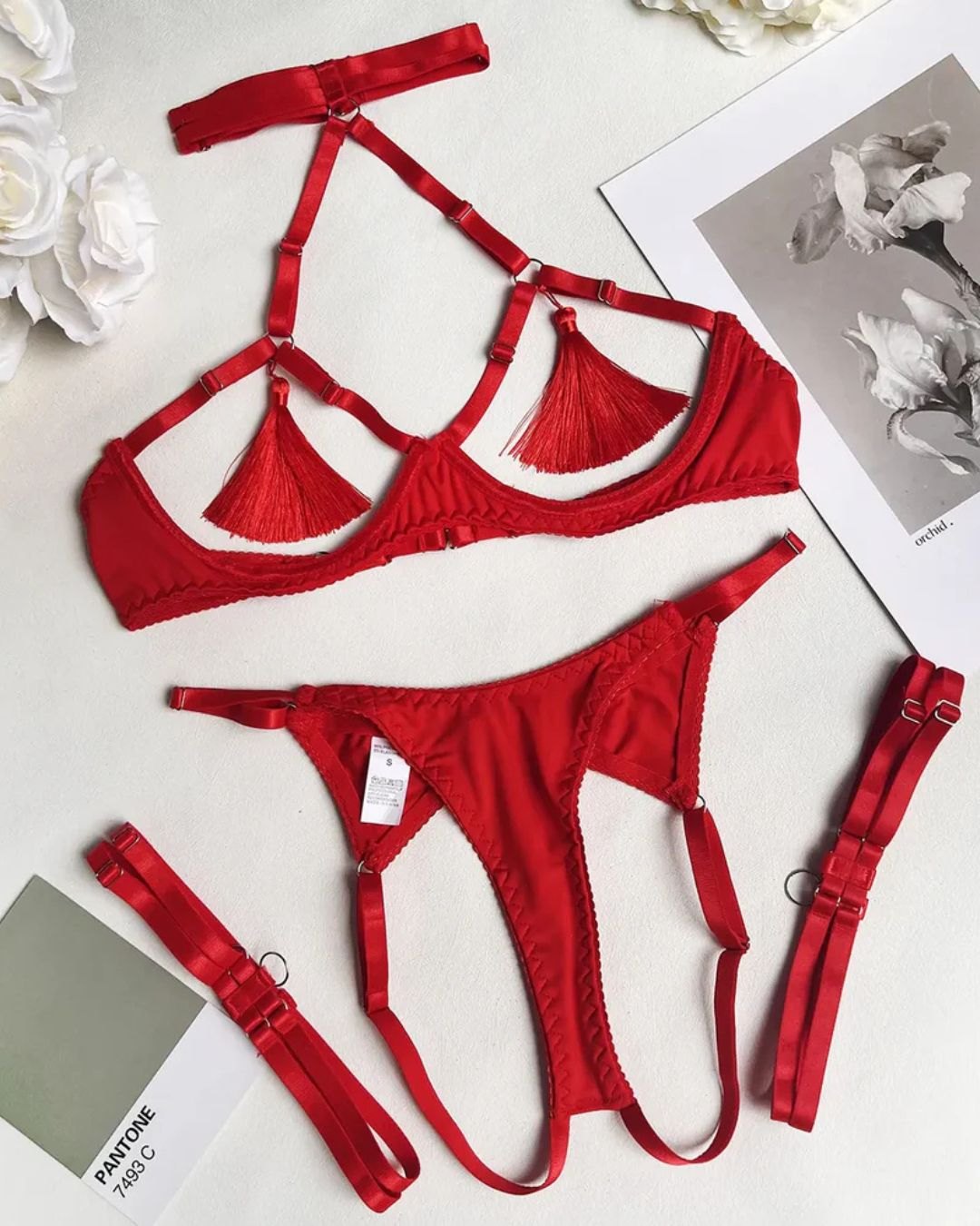 Layla Tassel Strap Set - Black Or Red Lingerie Set