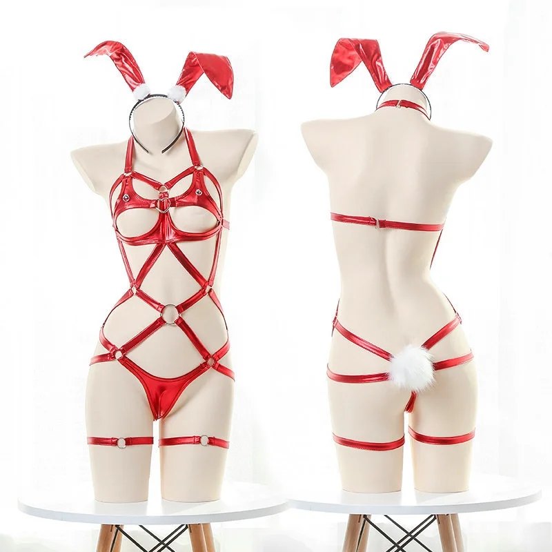 Leather Strappy Bunny Bodysuit - Lingerie Bodysuit for Women