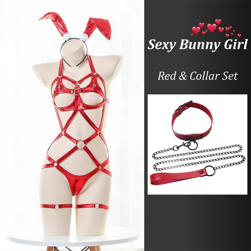 Leather Strappy Bunny Bodysuit - Lingerie Bodysuit for Women