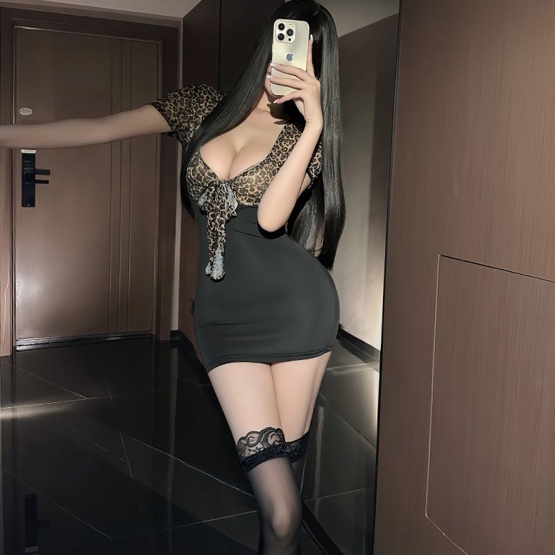 Leopard Print Deep-V Hip Dress - Chemise Lingerie