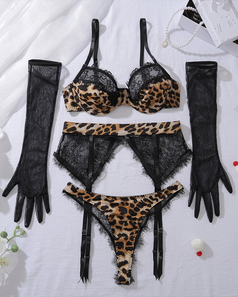 Leopard Eyelash Lace Garter Set - Garter Lingerie Set