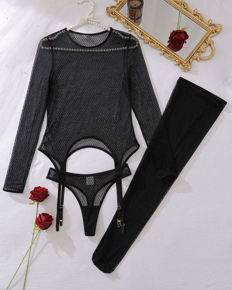 Long Sleeve Sheer Fishnet Bodysuit - Lingerie Bodysuit for Women