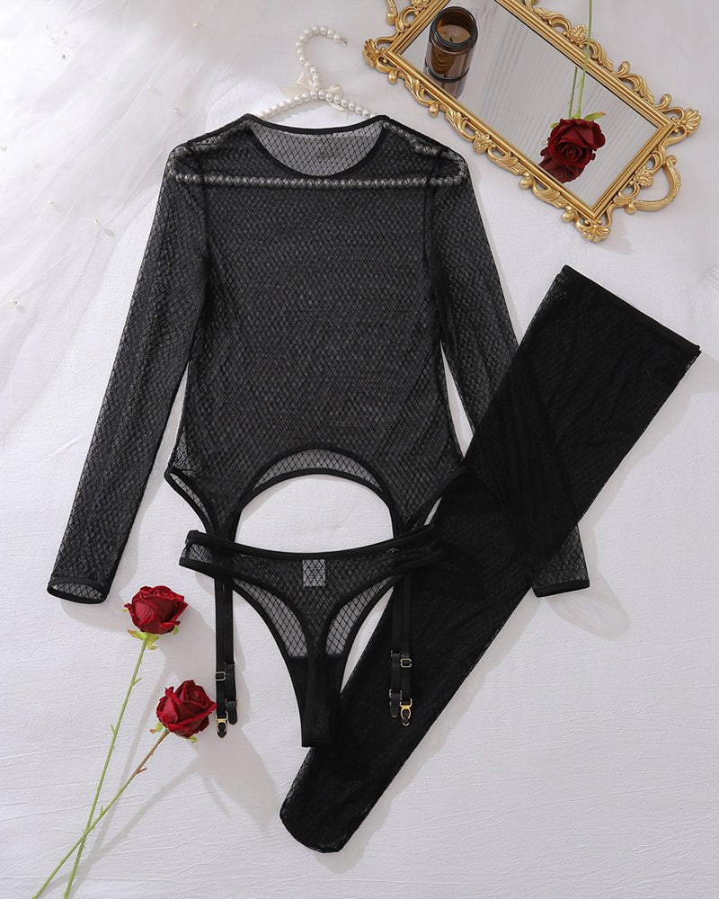 Long Sleeve Sheer Fishnet Bodysuit - Lingerie Bodysuit for Women