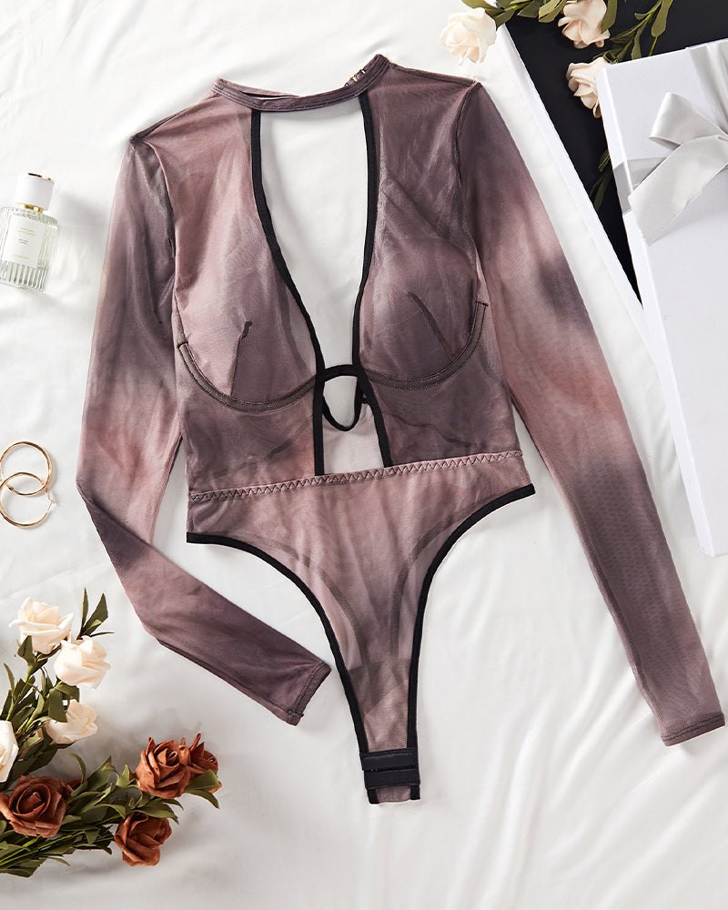 Long Sleeve Sheer Mesh Bodysuit - Lingerie Bodysuit for Women