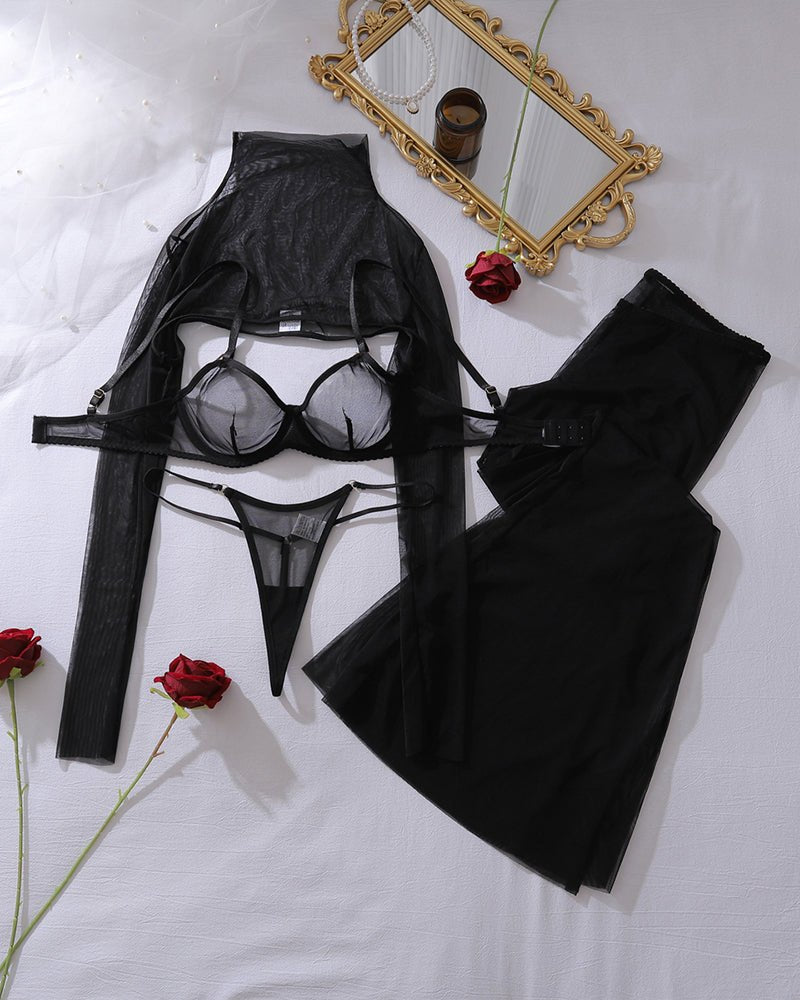 Long Sleeve Sheer Four-Piece Set - Bra and Panty Set