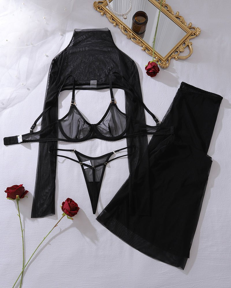 Long Sleeve Sheer Four-Piece Set - Bra and Panty Set