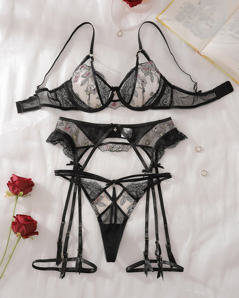 Lotus Embroidered Garter Bra Set - Lingerie Set for Women