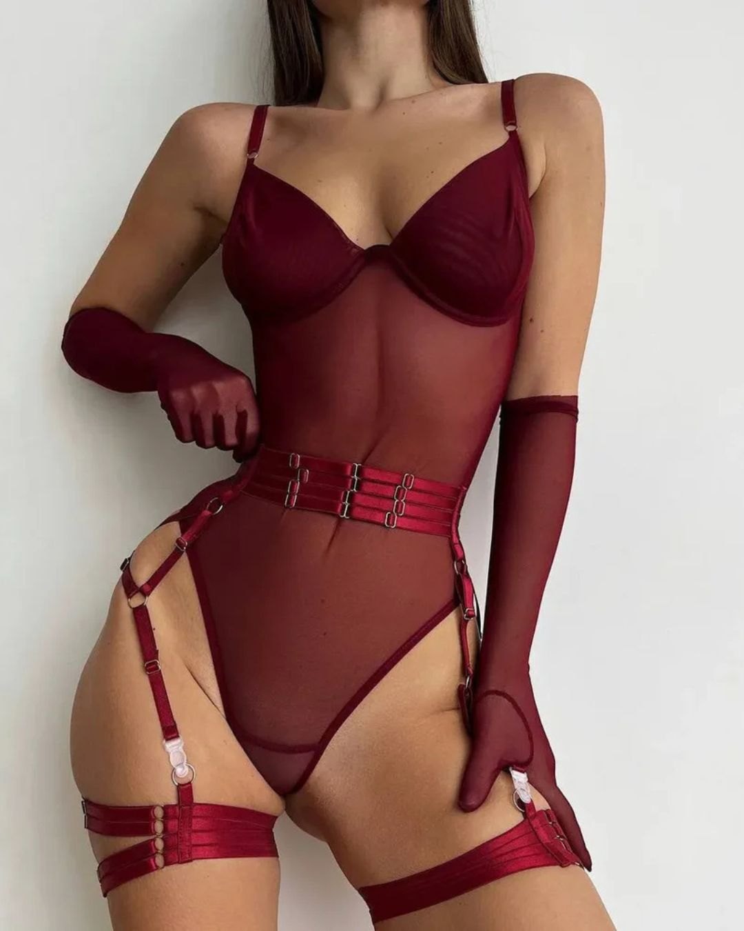 Luna Harness Bodysuit - Red Mesh Bodysuit With Gloves