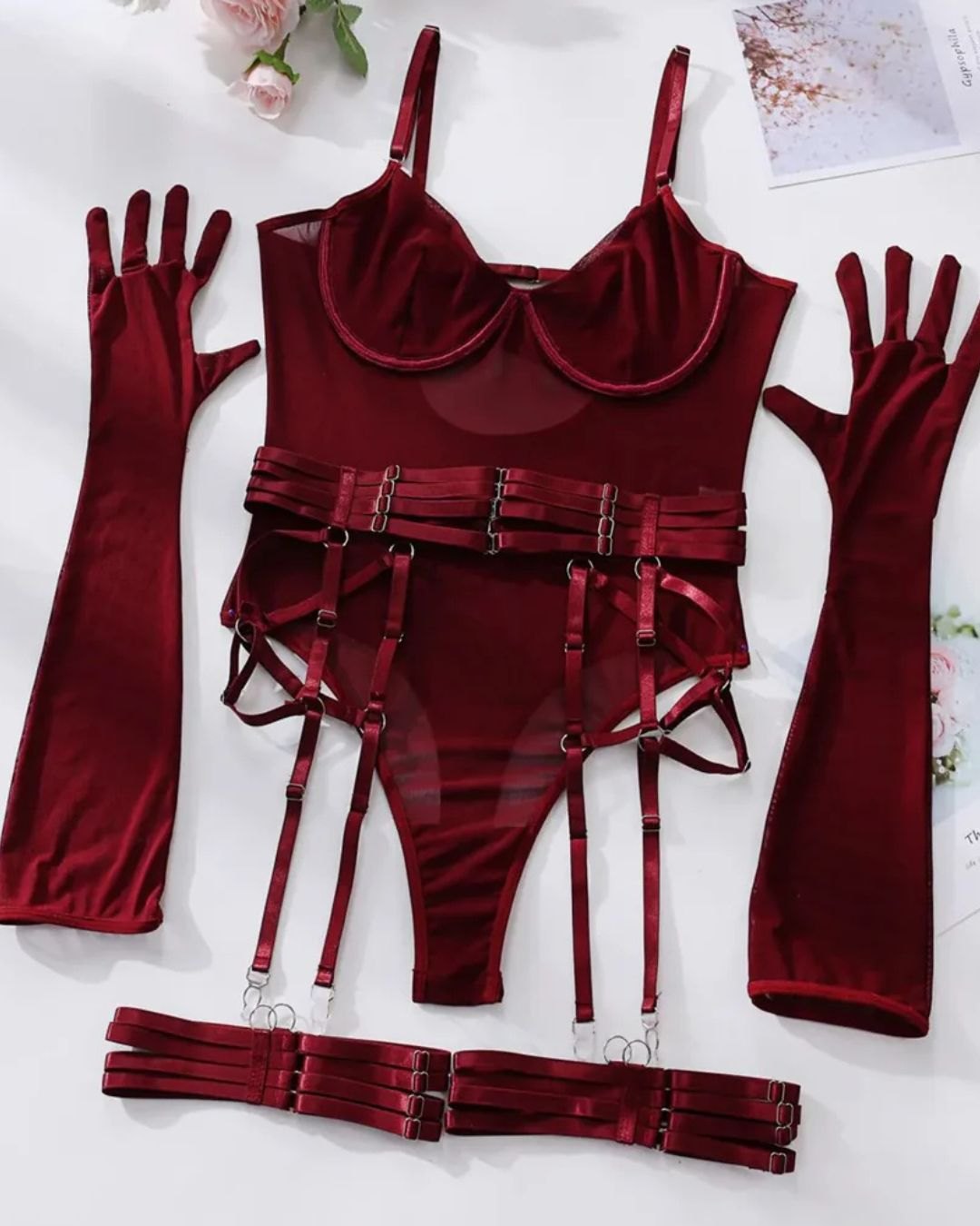 Luna Harness Bodysuit - Red Mesh Bodysuit With Gloves