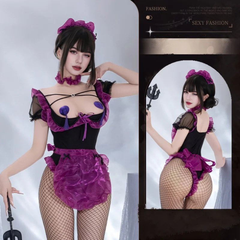 Mesh Maid Bodysuit with Ruffled Apron - Maid Costume