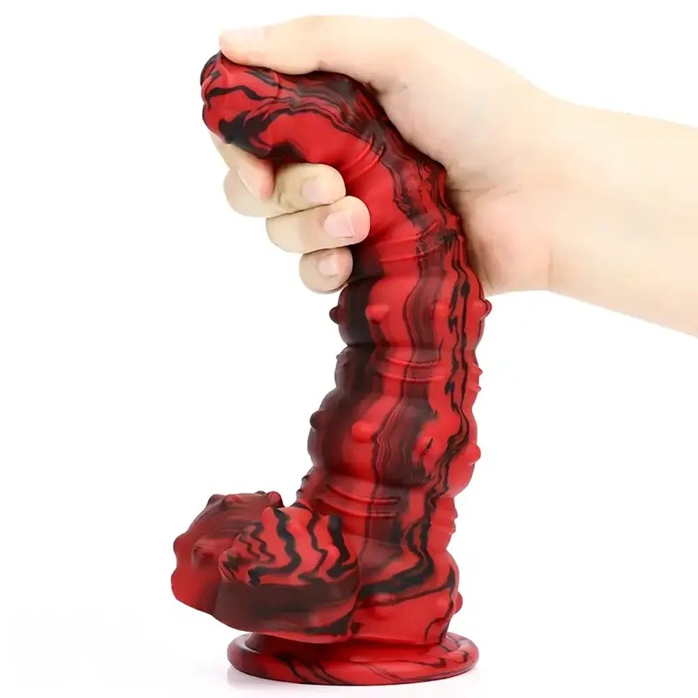 Marbled Spiked Fantasy Dildo - Red Black Fantasy Suction Dildo