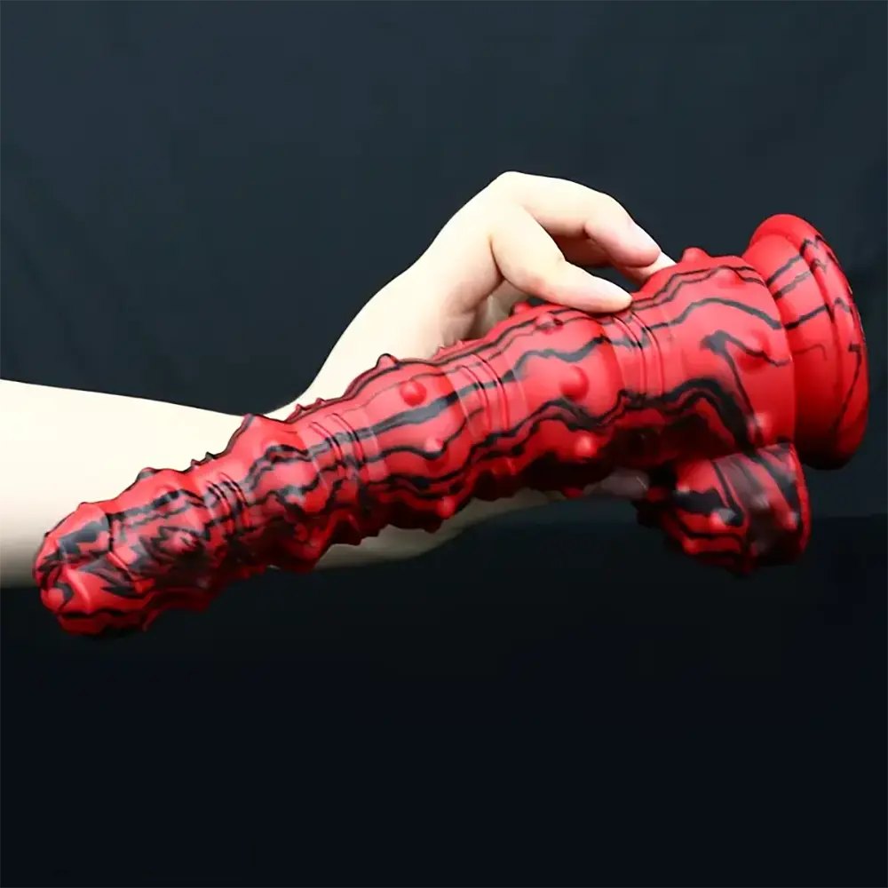 Marbled Spiked Fantasy Dildo - Red Black Fantasy Suction Dildo