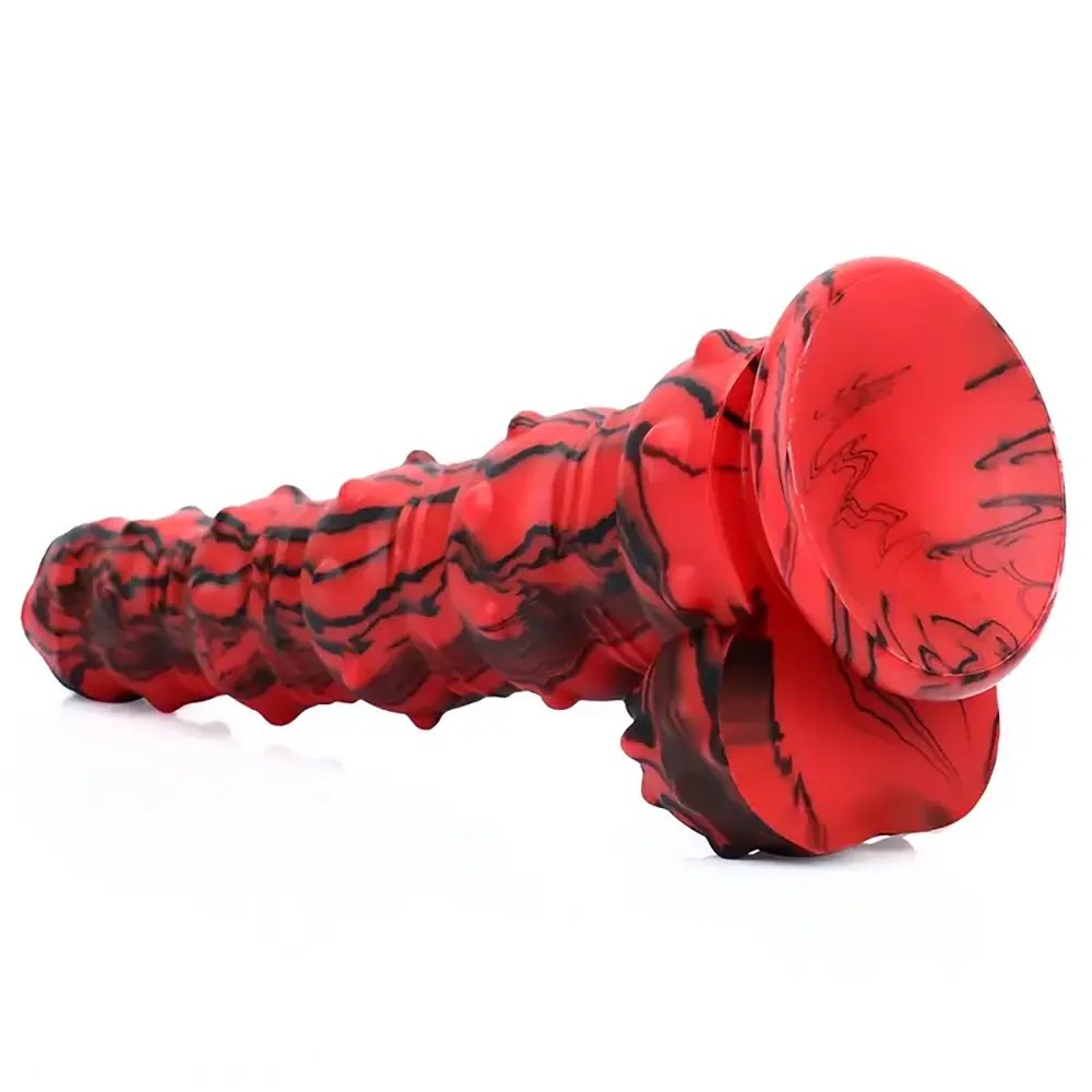 Marbled Spiked Fantasy Dildo - Red Black Fantasy Suction Dildo