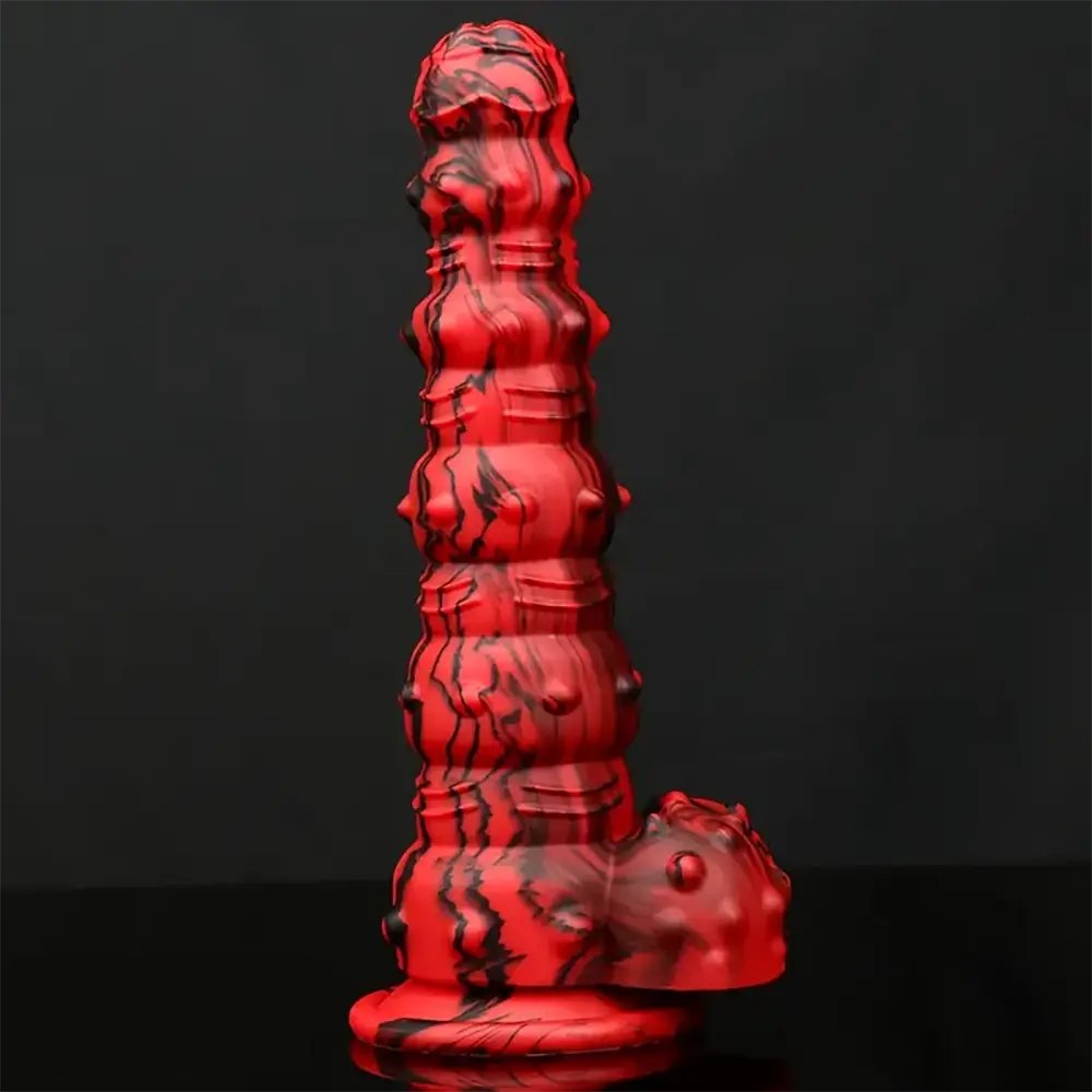 Marbled Spiked Fantasy Dildo - Red Black Fantasy Suction Dildo