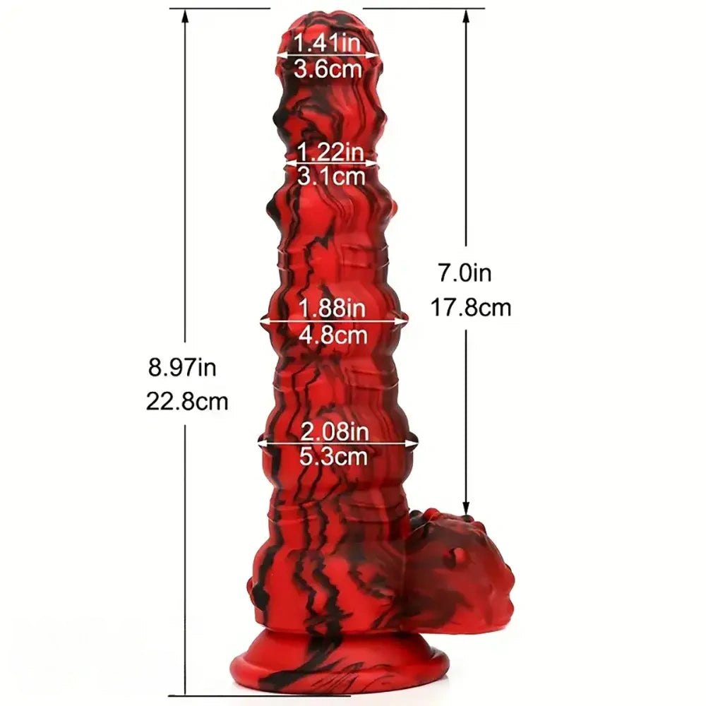 Marbled Spiked Fantasy Dildo - Red Black Fantasy Suction Dildo