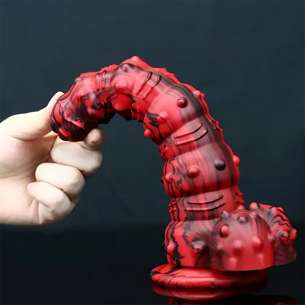 Marbled Spiked Fantasy Dildo - Red Black Fantasy Suction Dildo