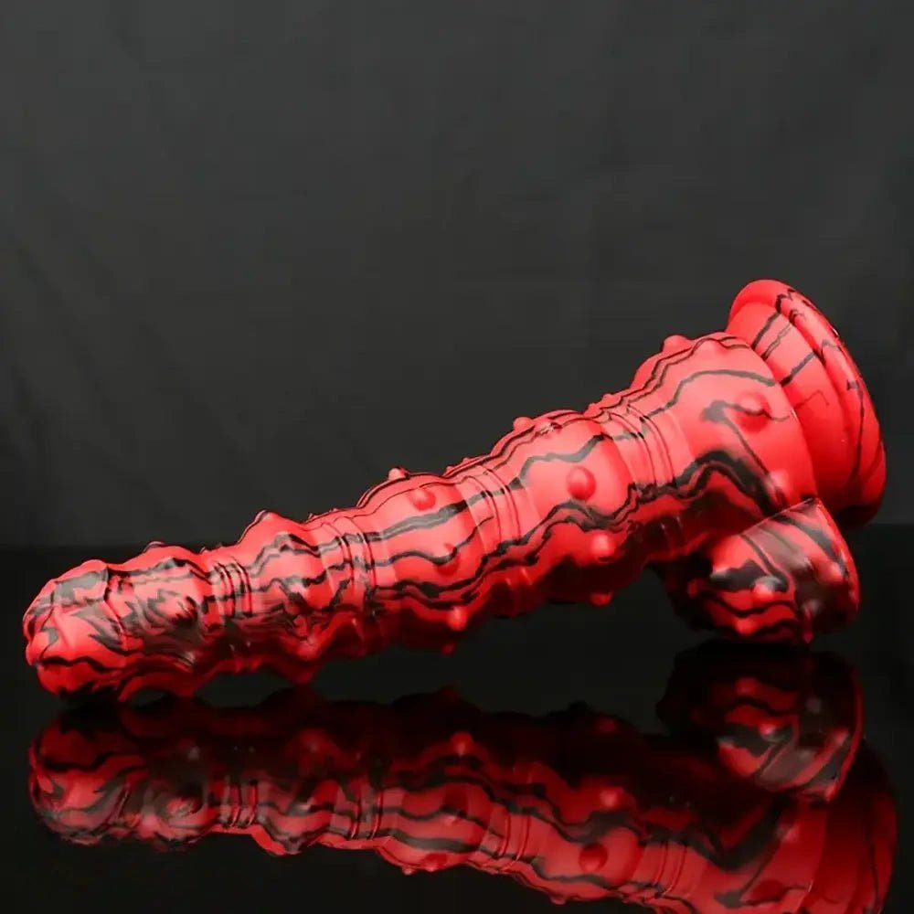 Marbled Spiked Fantasy Dildo - Red Black Fantasy Suction Dildo