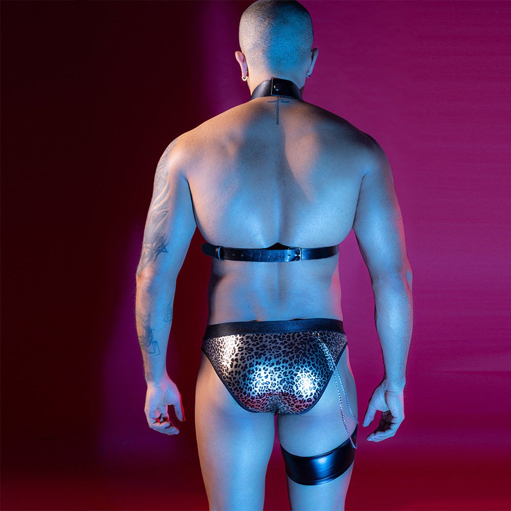 Men's Leopard Faux Leather Harness - Mens Sexy Underwear