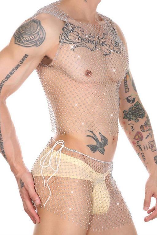 Men's Rhinestone Fishnet Bodysuit - Mens Sexy Underwear