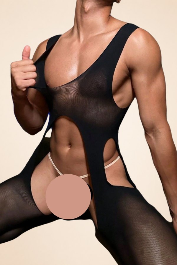 Men's Sheer Mesh High-Cut Bodysuit - Mens Sexy Underwear