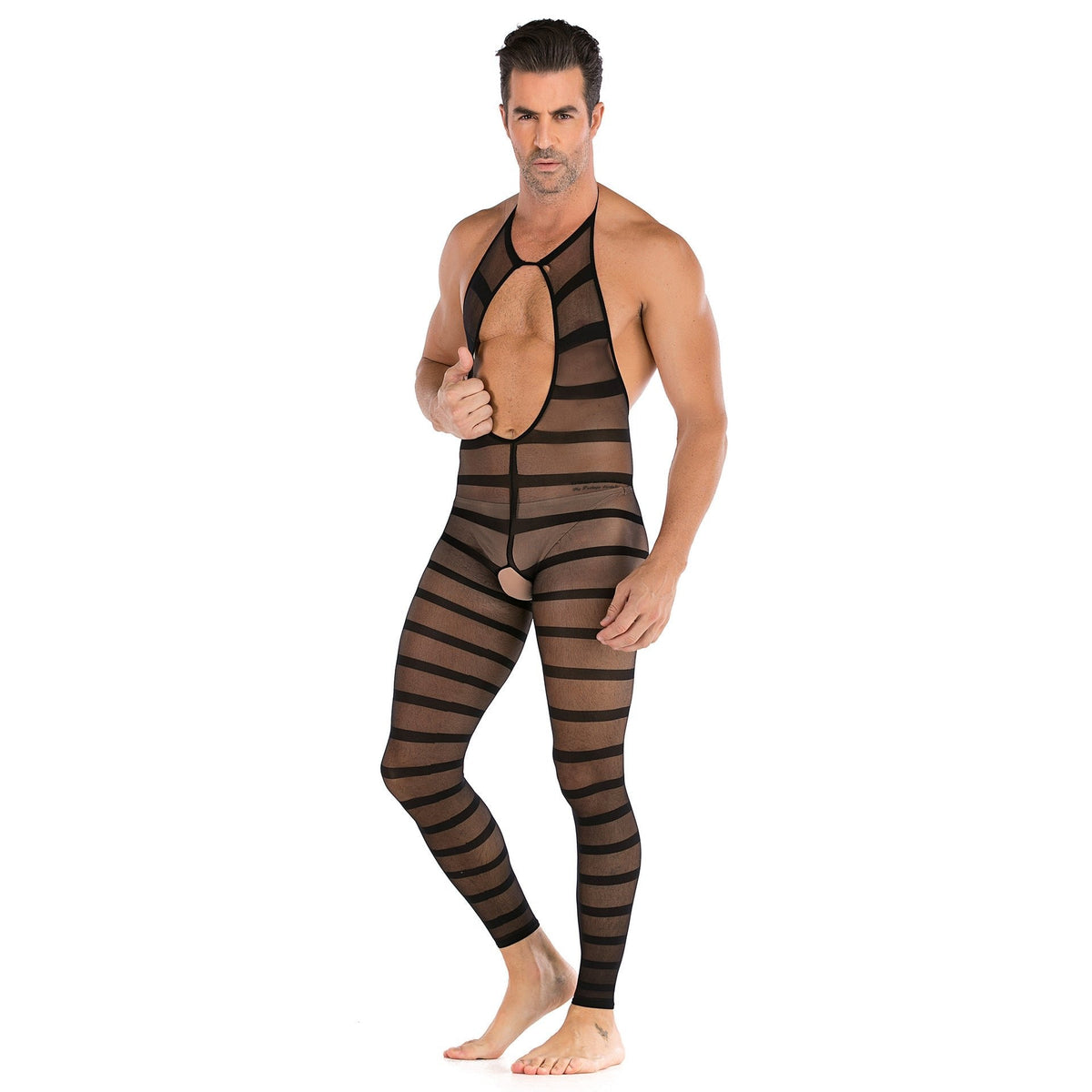Men's Striped Open Crotch Bodysuit - Mens Sexy Underwear