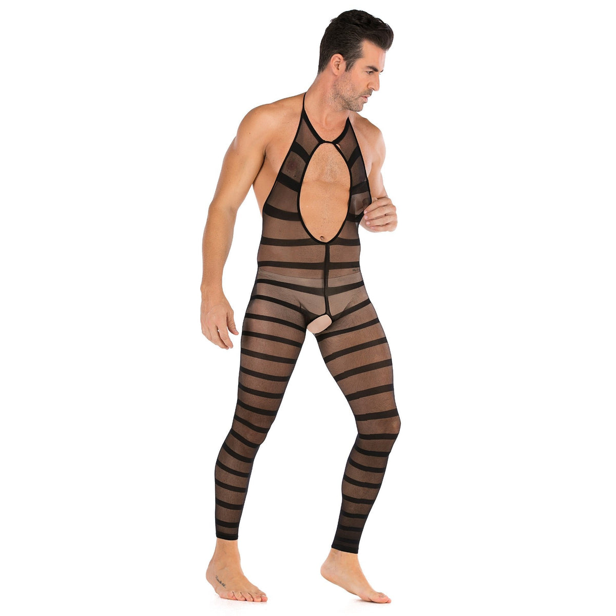 Men's Striped Open Crotch Bodysuit - Mens Sexy Underwear