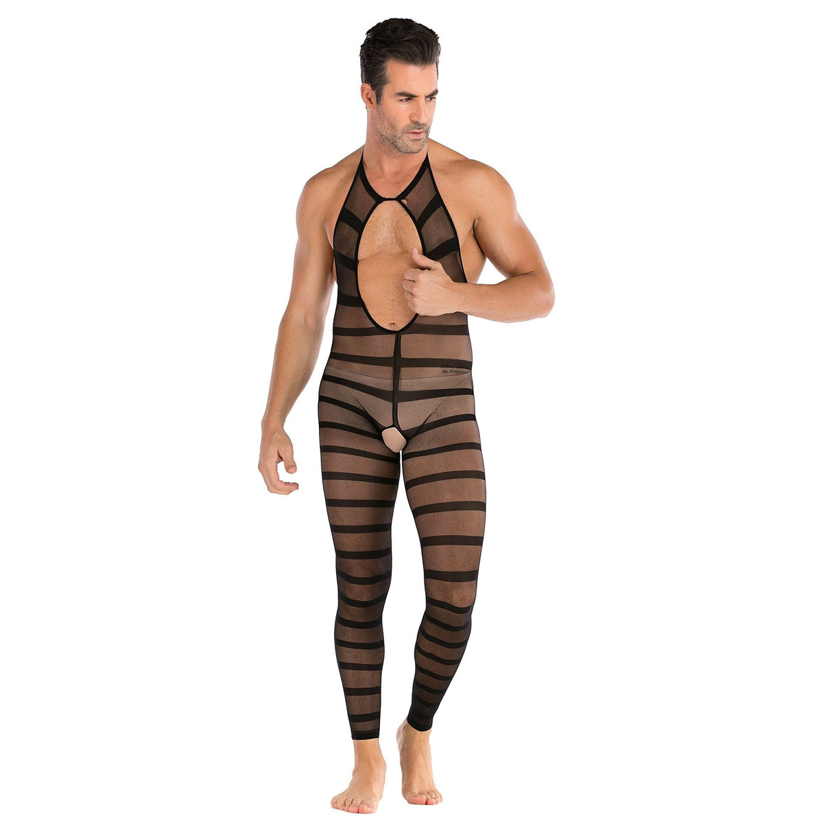 Men's Striped Open Crotch Bodysuit - Mens Sexy Underwear