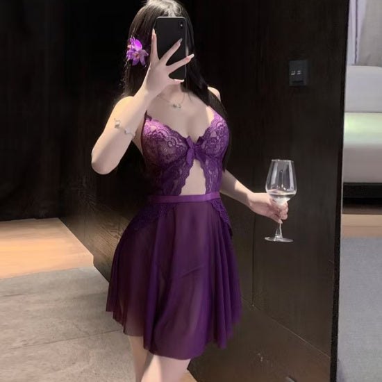 Mesh Bowknot Nightdress - Sexy Nightgown Lingerie