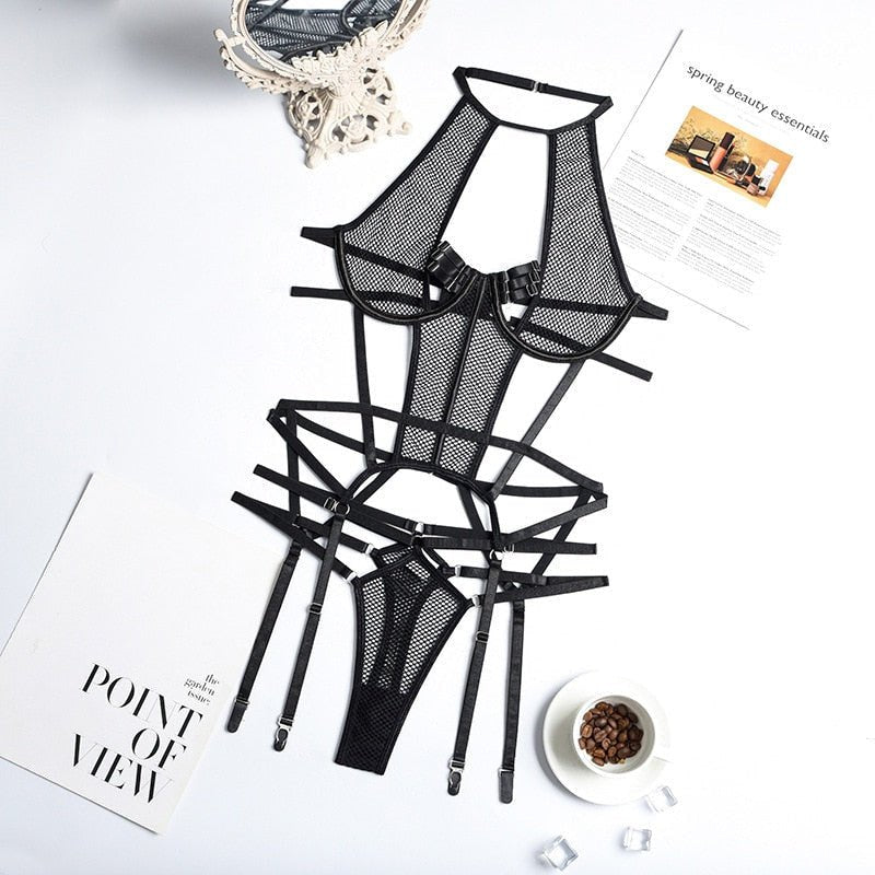 Mesh Cutout Strappy Garter Set - Garter Lingerie Set