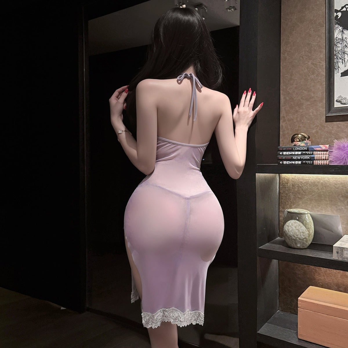 Mesh Halter Deep-V Chemise - Sexy Slip Nightgown