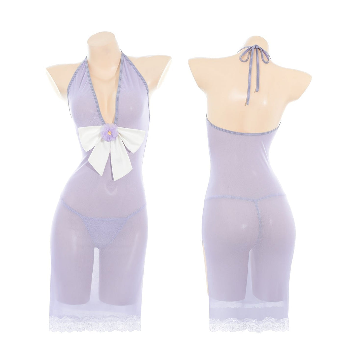 Mesh Halter Deep-V Chemise - Sexy Slip Nightgown
