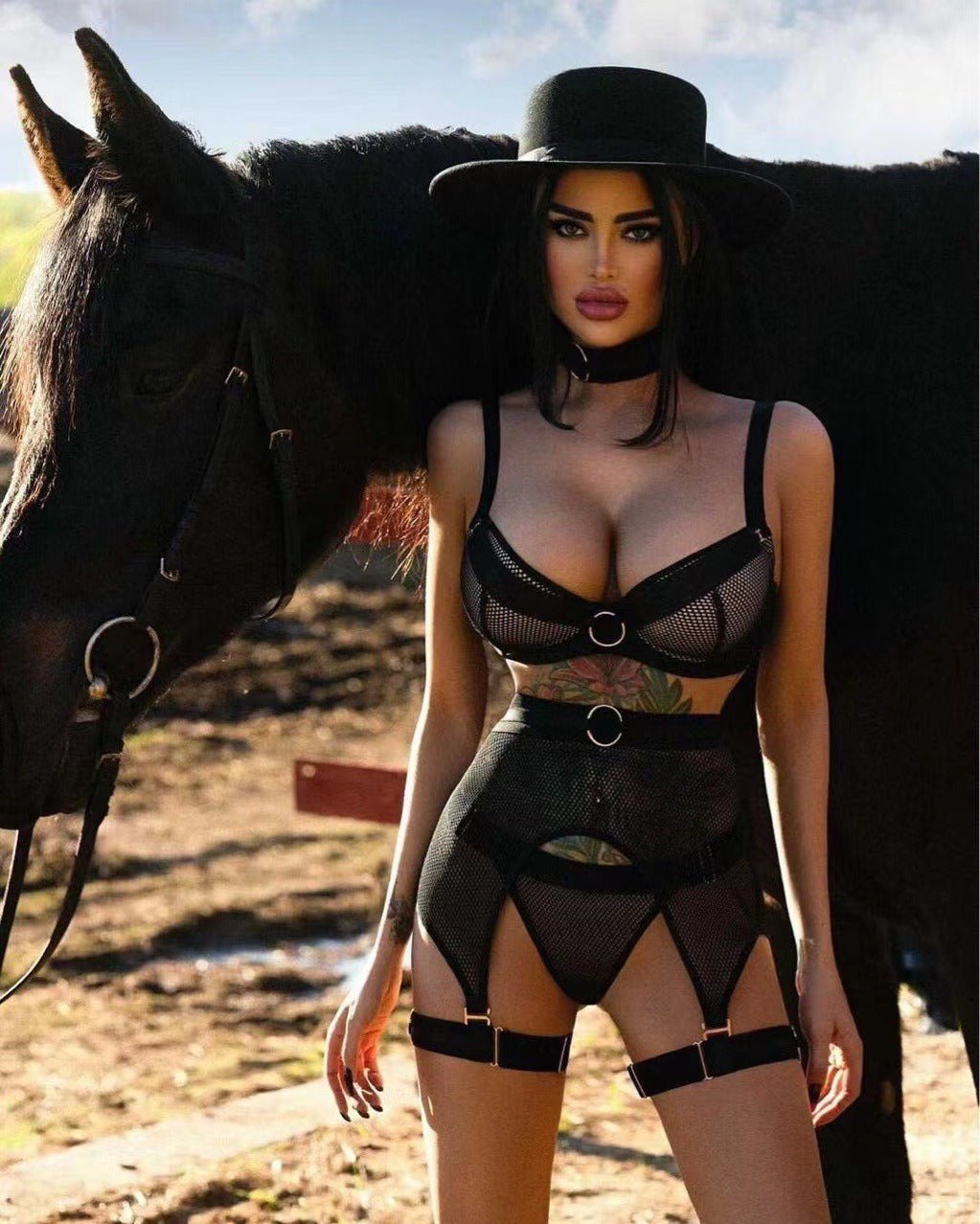 Mesh O-Ring Halter Garter Bra Set - Garter Lingerie Set
