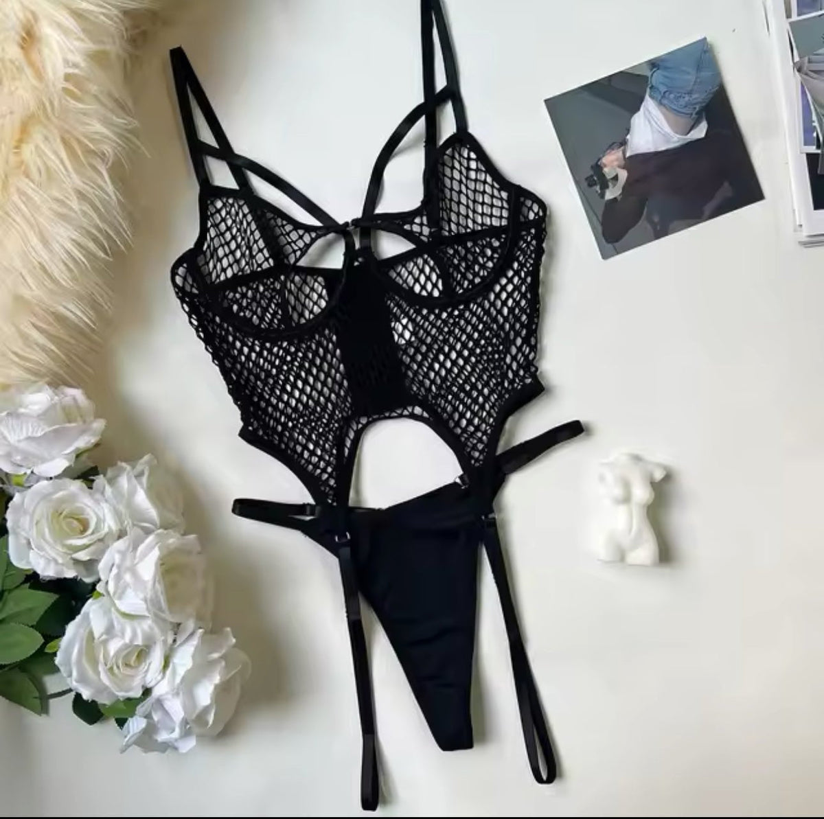 Mesh Strappy Cutout Garter Set - Garter Lingerie Set