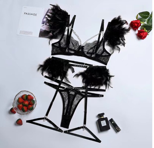 Metal Chain Feather Lace Garter Set - Garter Lingerie Set