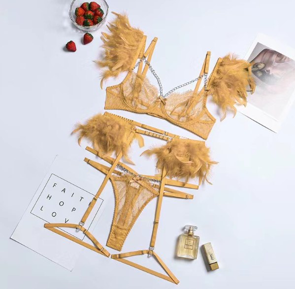 Metal Chain Feather Lace Garter Set - Garter Lingerie Set